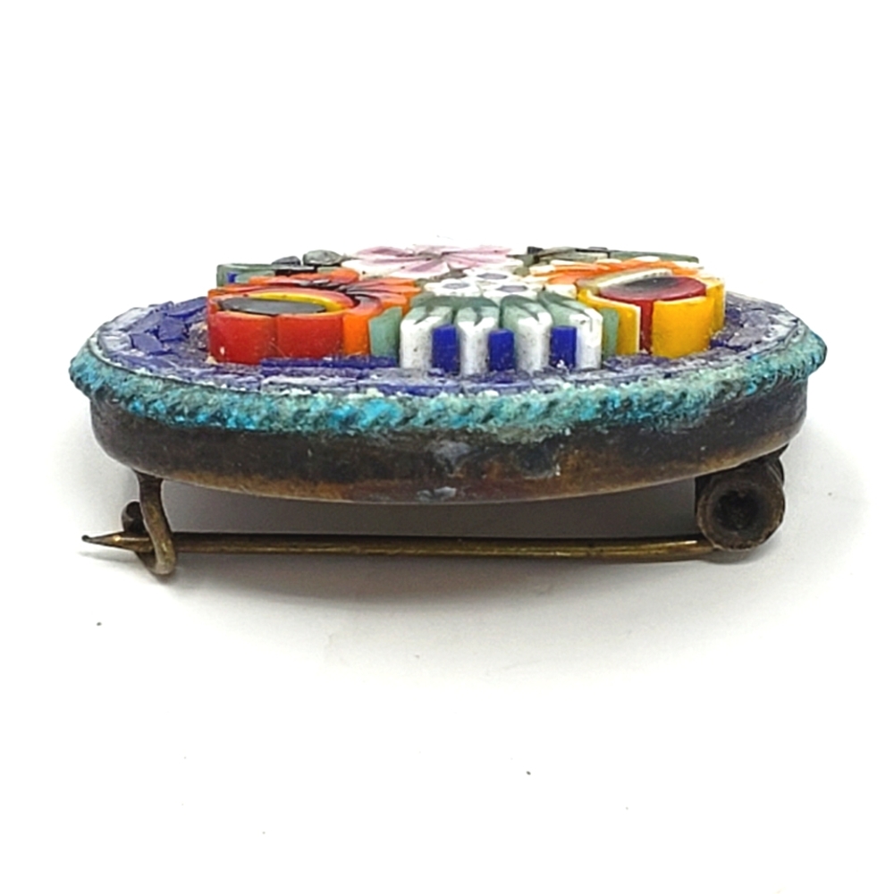 Vintage Micro Mosaic Raised Floral Oval Pin Brooch Purple Teal C Clamp - Picture 7 of 12